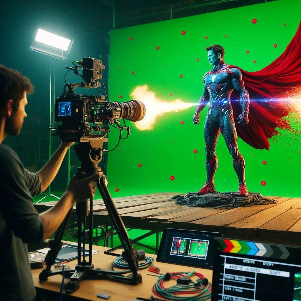 Superhero standing behind a green screen, ready for VFX.