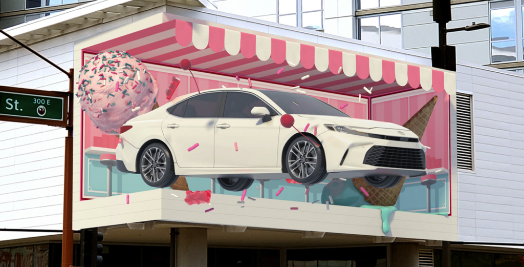 Toyota Share a Car campaign with an anamorphic billboard displaying 3D animations of Car Features.