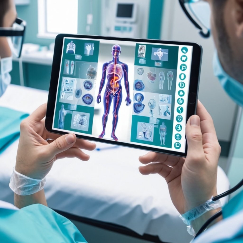  A medical student using augmented reality glasses to study a 3D model of the human heart